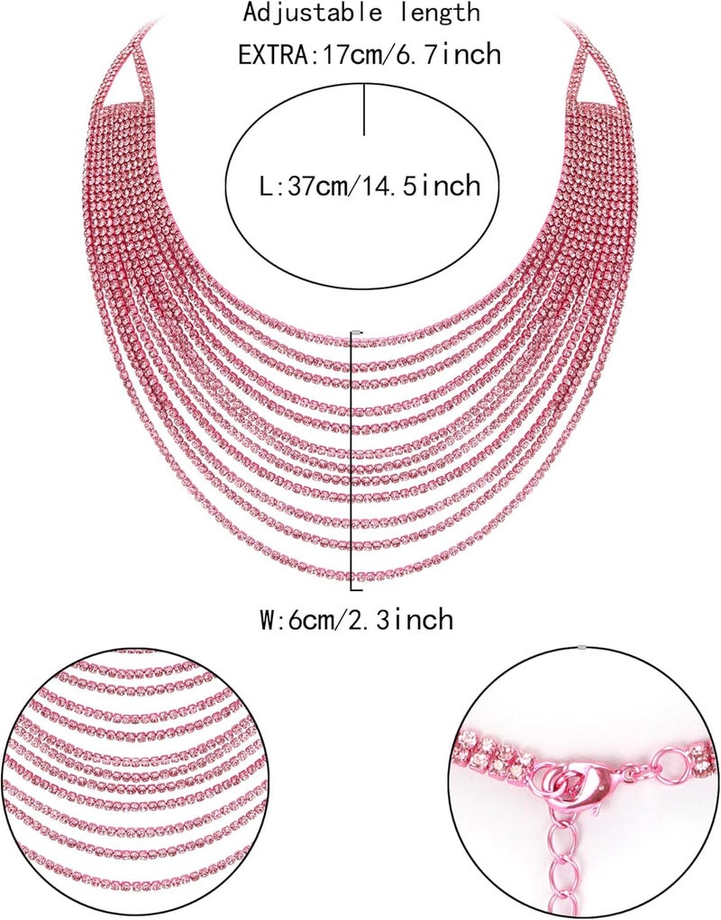 Flyonce Multi Layered Choker Collar Necklace, Glitter Rhinestone Crystal Tassel Multi-Strand Fringe Chains Bib Statement Necklace Prom Jewelry for Women - Image 5